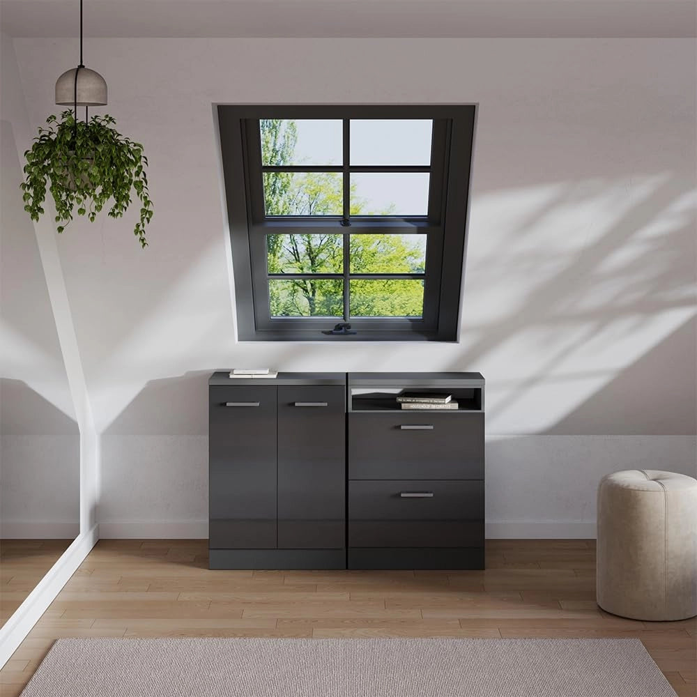 Set di mobili sottotetto Rion, Antracite lucido, 120 cm Set di 2 carcasse armadio profondità 60 cm, adatto per il salvaspazio sotto tetti spioventi