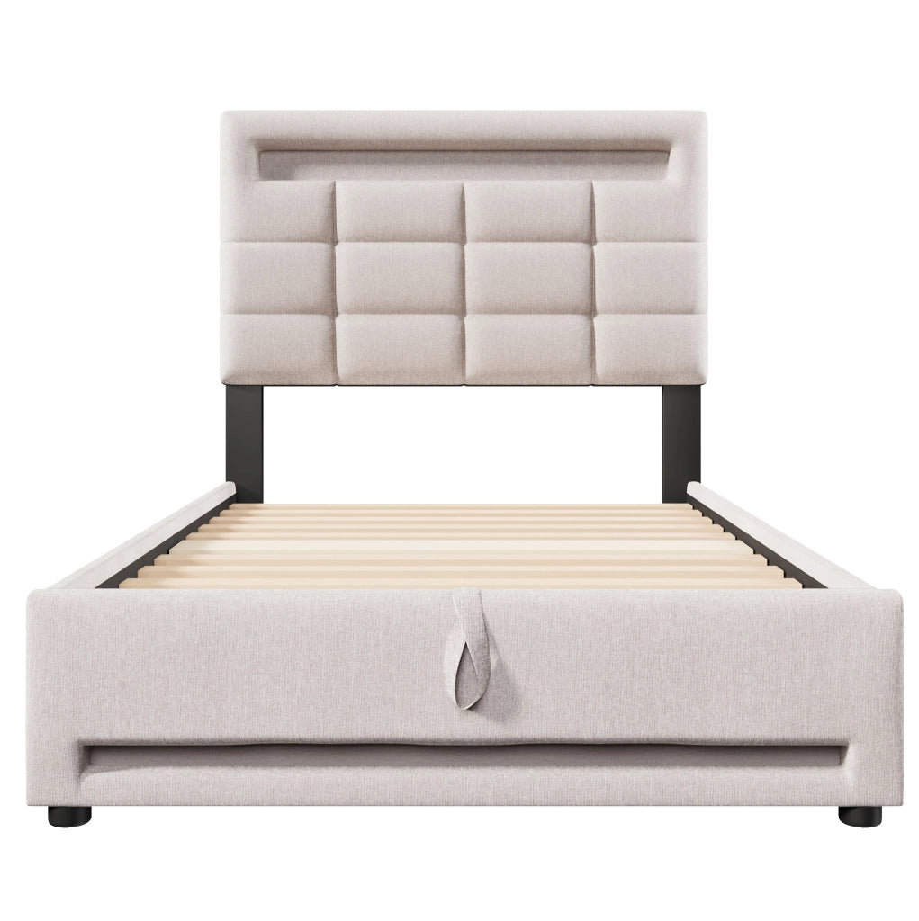 Letto imbottito 90x200 cm con contenitore idraulico e LED APP in lino
