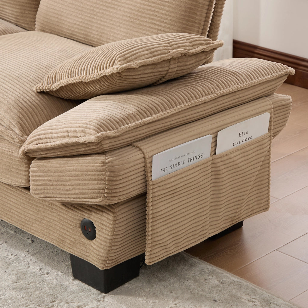 Divano modulare a 3 posti in velluto a coste khaki con 2 pouf, USB-C e tasche laterali
