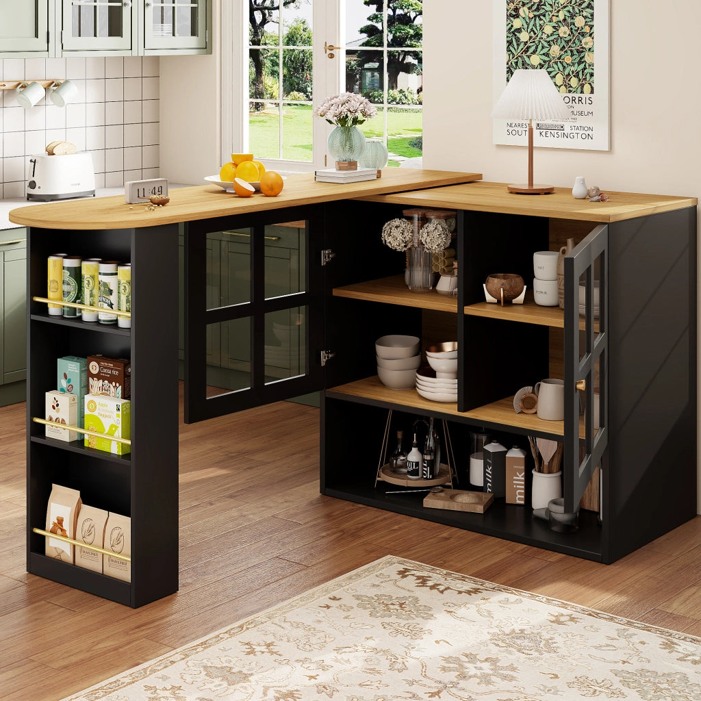 CREDENZA Girevole 138-204x39x102,5 cm MDF Nero con ante in vetro