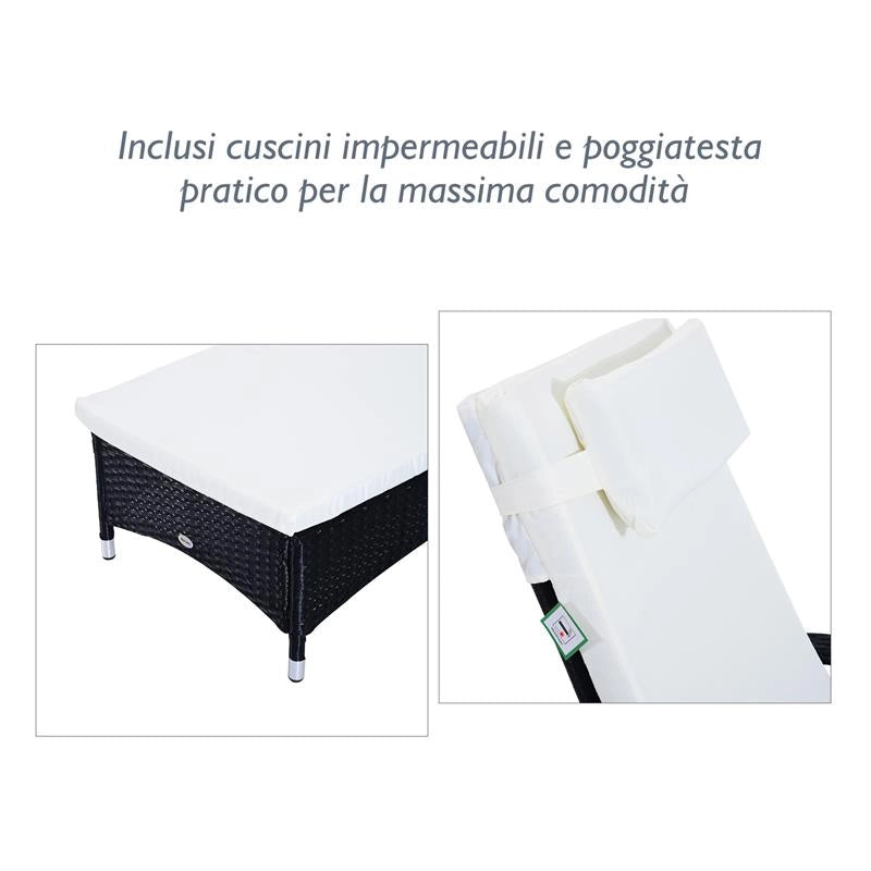 SET 2 SDRAIO LETTINO PRENDISOLE IN RATTAN CON MATERASSINO IMBOTTITO E TAVOLINO NERO