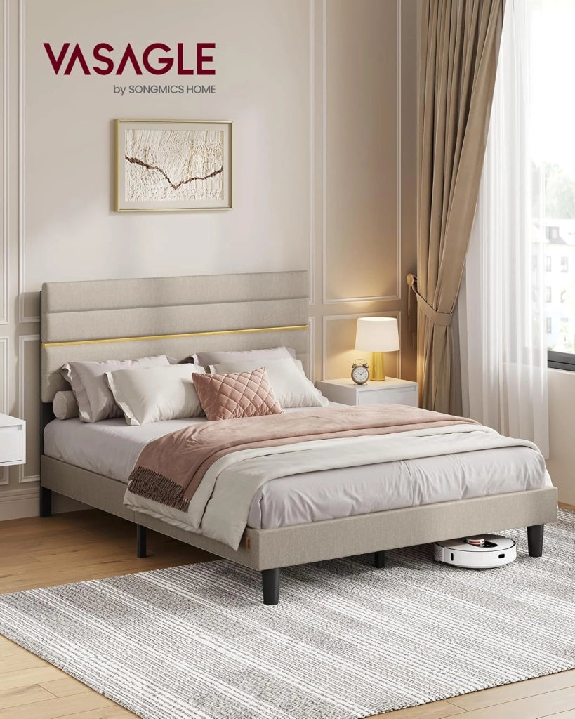 VASAGLE Struttura Letto Matrimoniale, Telaio Letto, per Materasso 140 x 200 cm, Testiera Imbottita Regolabile, Metallo e Legno, Moderno, Beige Cappuccino RMB504LH01