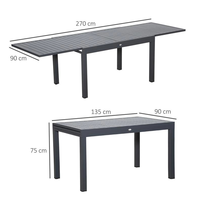 TAVOLO DA GIARDINO ALLUNGABILE CON STRUTTURA IN ALLUMINIO 135-270X90X75CM GRIGIO