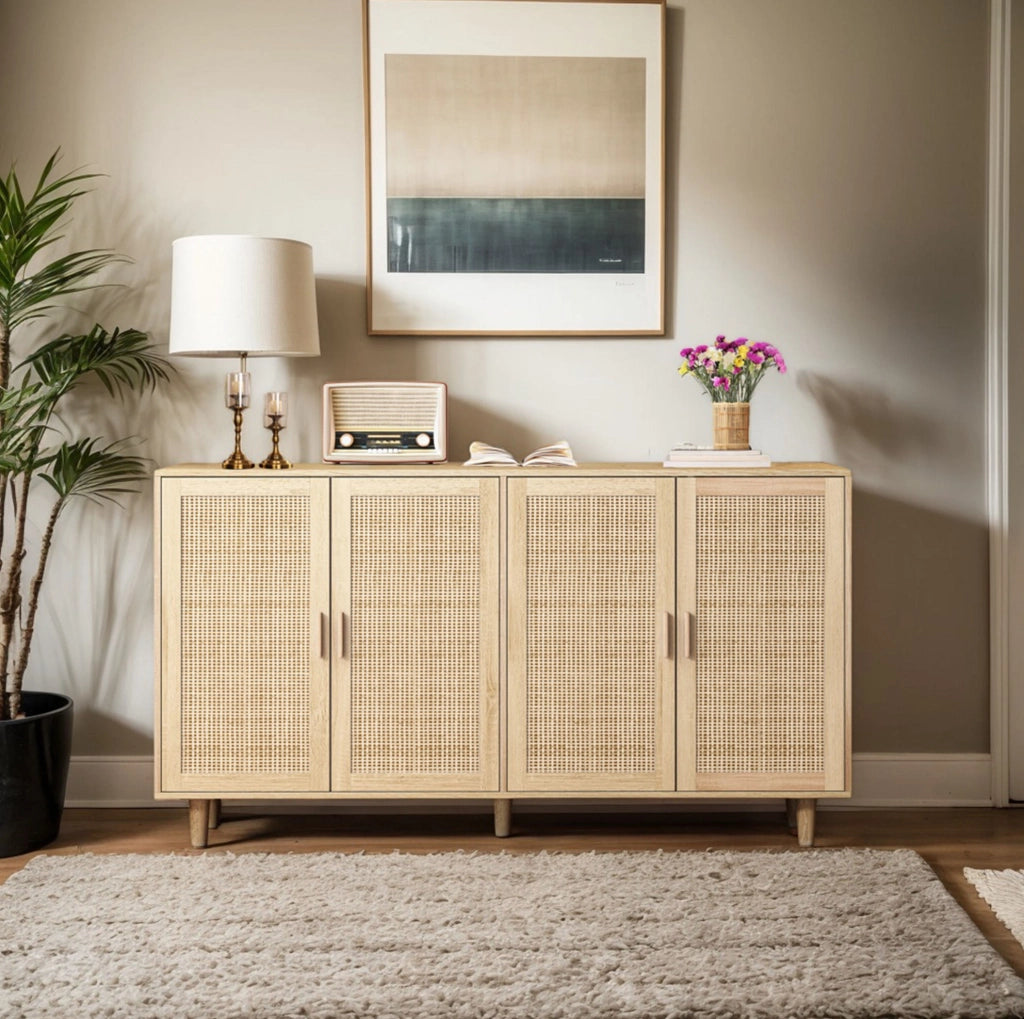 Credenza contenitore 4 ante in rattan naturale 158 x 40 x 88 cm