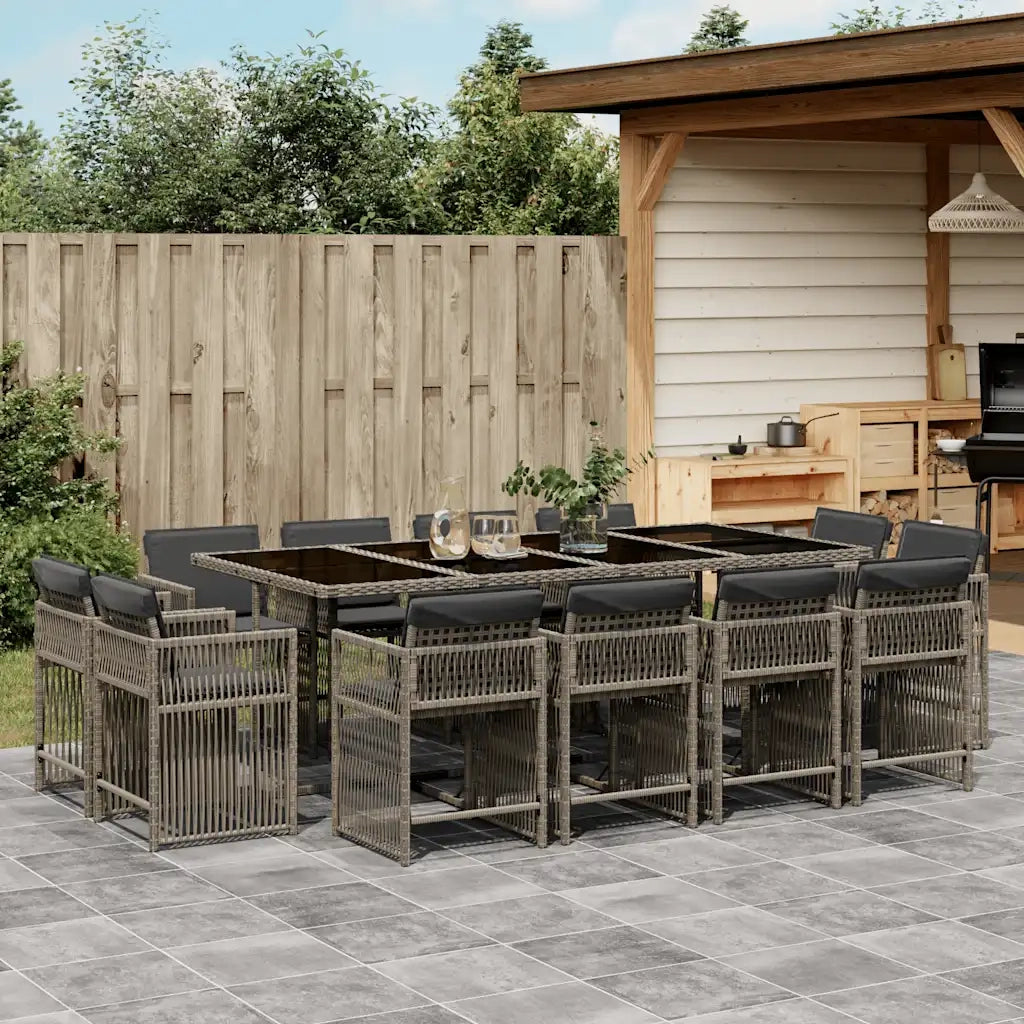 Set da Pranzo da Giardino 13pz con Cuscini Grigio in Polyrattan