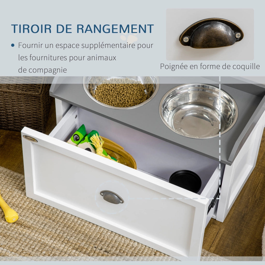 Ciotola Elevata per Cani e Gatti 2 in 1 ¨C zephmum ¨C Bianco Grigio, MDF, Acciaio Inox