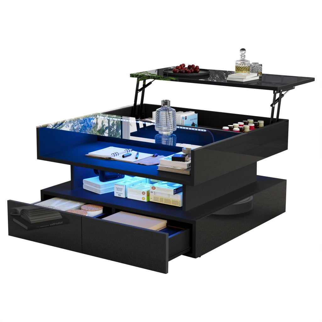 Tavolino da caffè 80x80x45 cm; alzabile con vano nascosto e LED; pannello truciolare e vetro temperato nero