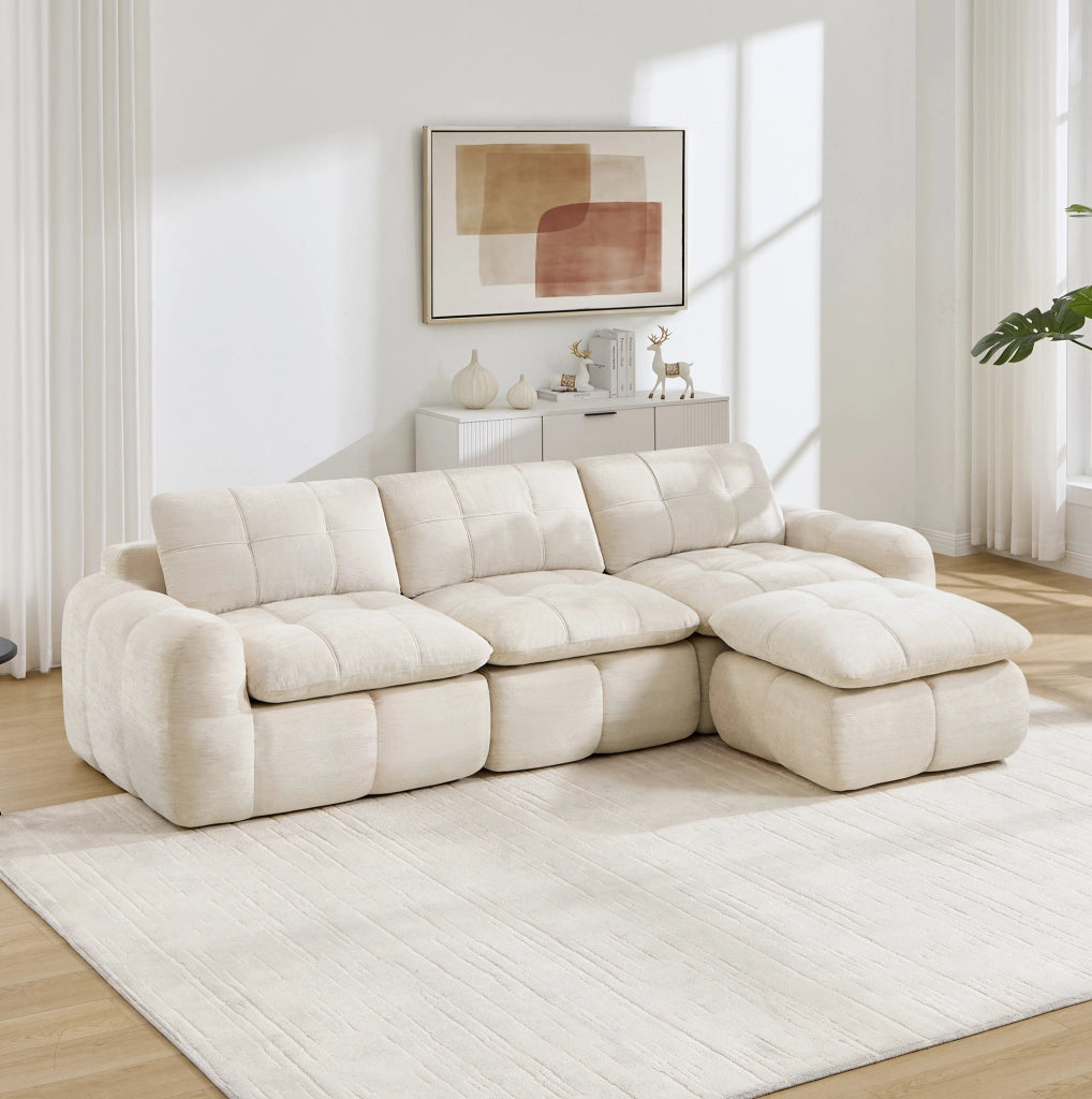 Divano modulare angolare a 3 posti con pouf 264x160x68 cm in chenille beige
