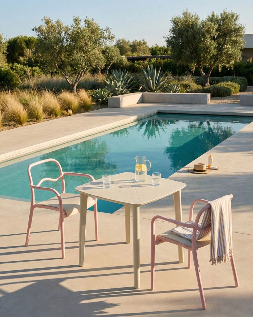 Set di 2 sedie da giardino impilabili in plastica rosa pastello e beige stile retrò per tutte le stagioni