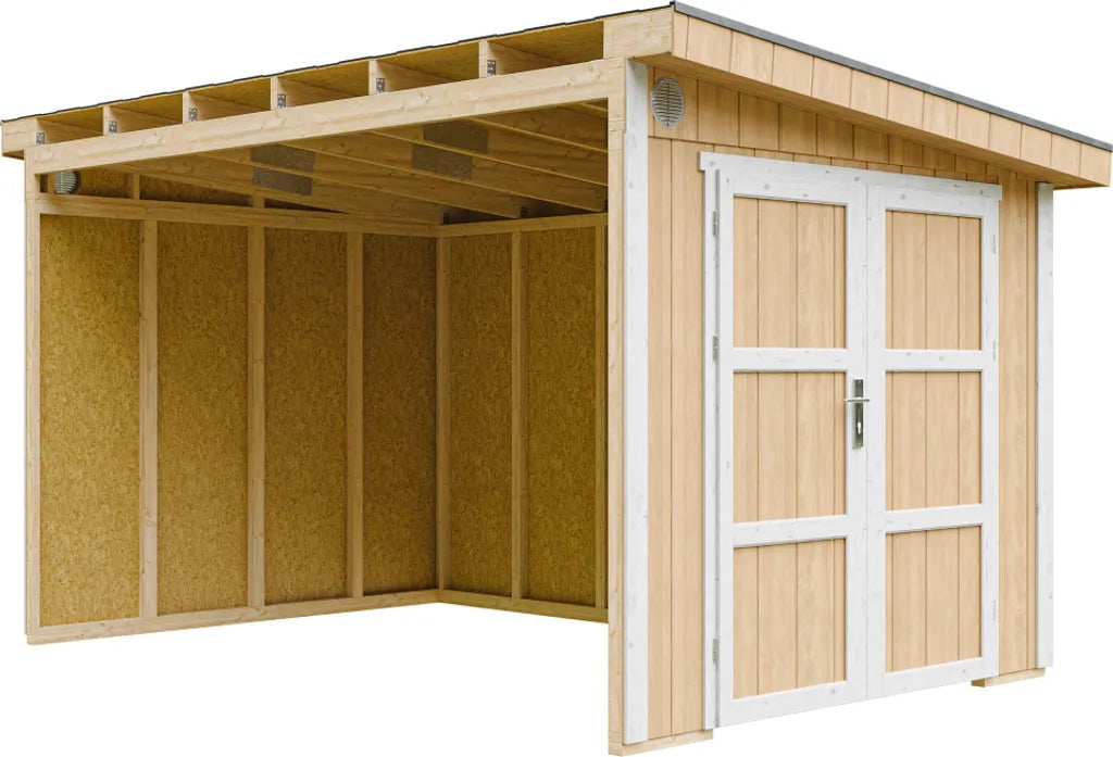 Casetta da giardino di qualità PREMIUM 8,68 mq - H231x248x412 cm - Senza pavimento e parete laterale - Timbela M939B-HARVEST HONEY