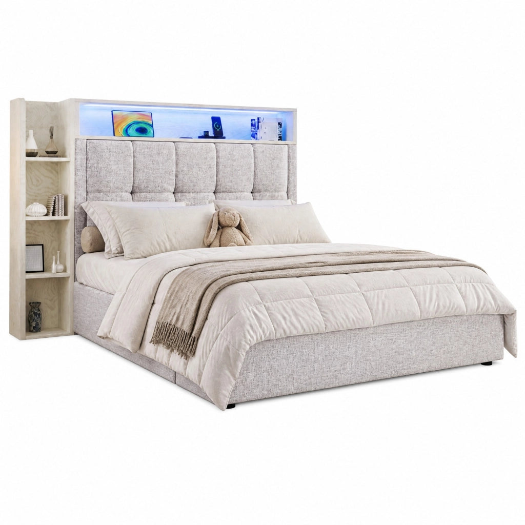 Letto matrimoniale 90x200 cm senza materasso con contenitore idraulico; LED; USB e Type-C; beige