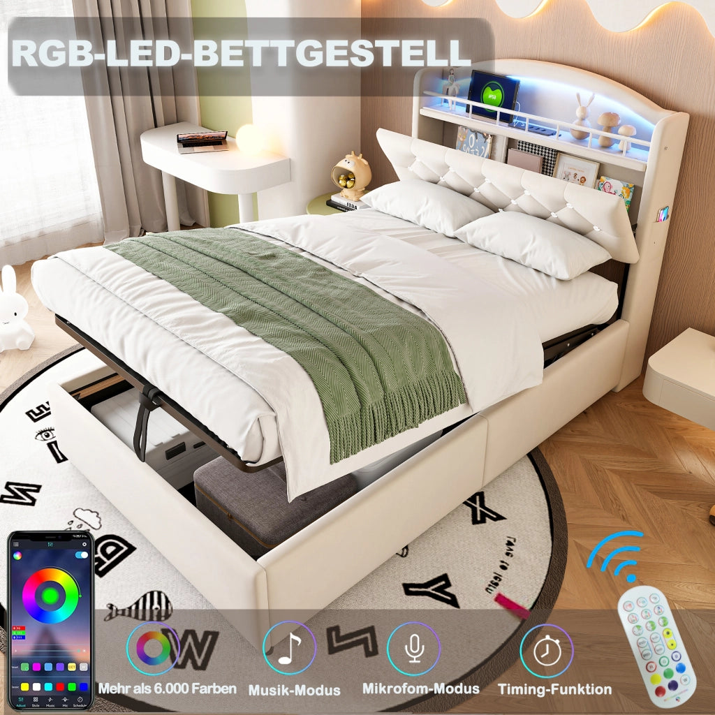DESMIU Litto per bambini 90 × 200 cm con contenitore, LED e USB, senza materasso, in velluto, beige