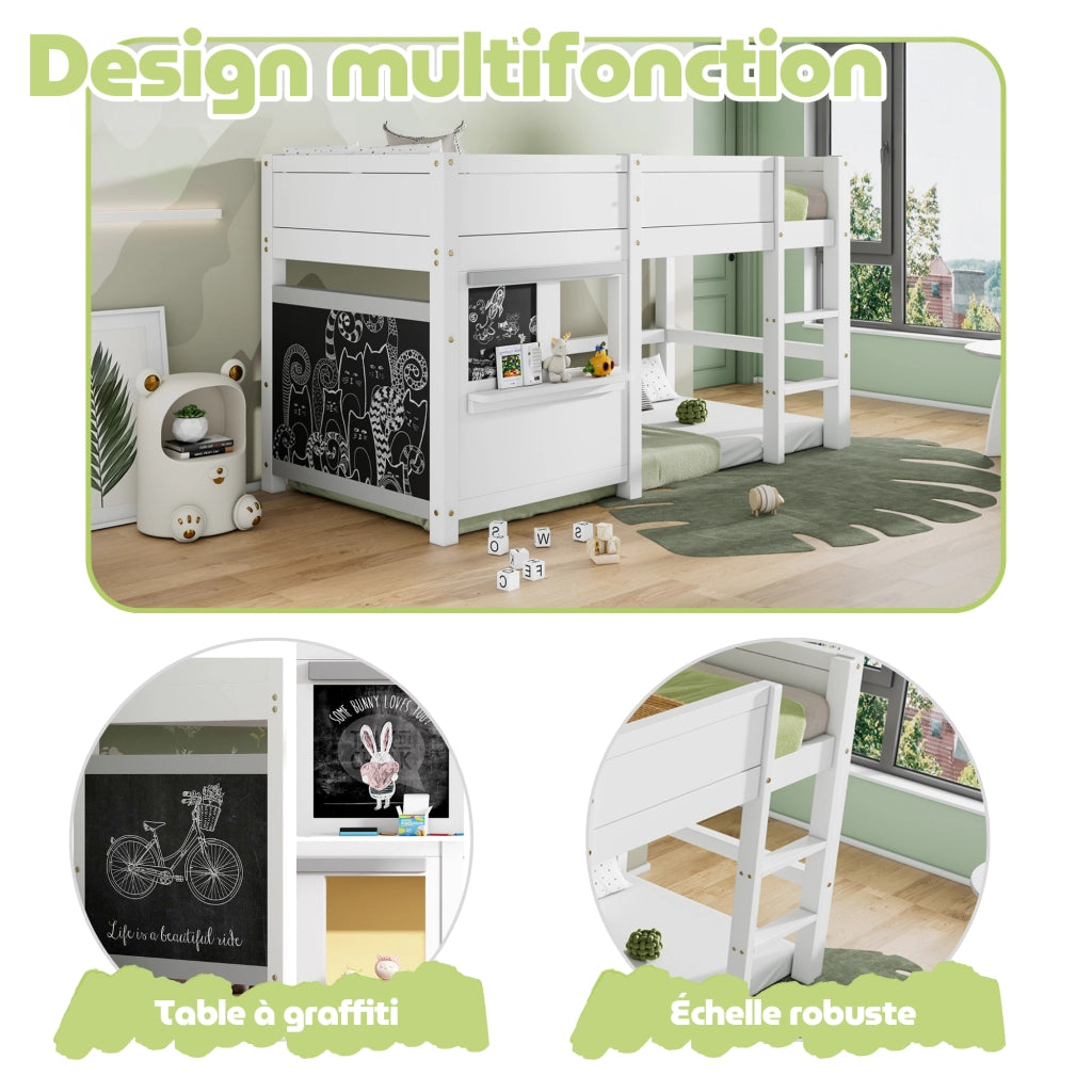 Letto Casetta 90x200 cm; Letto Singolo - Lavagna; Mensola - in Legno Massello Bianco