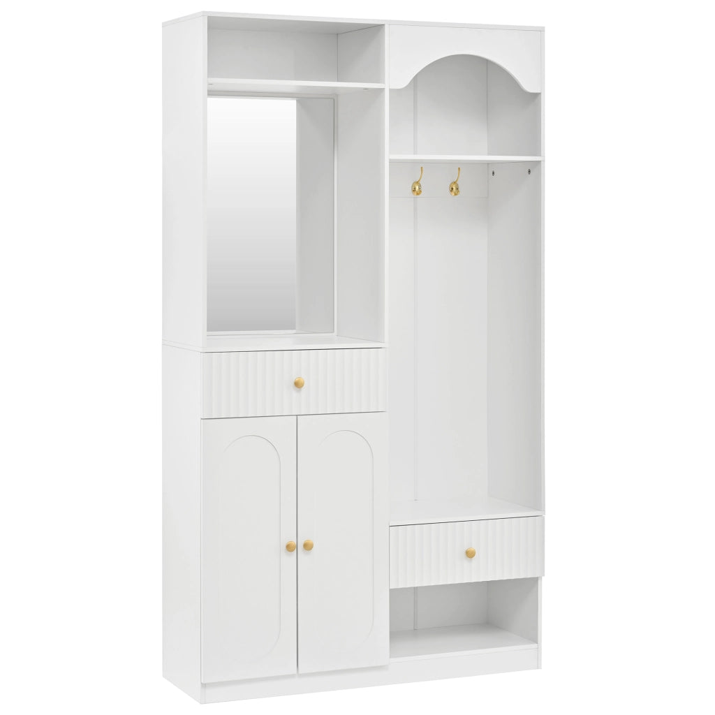 mobile da ingresso con specchio, ganci, panca e LED, in MDF bianco, 100 × 35 × 180 cm