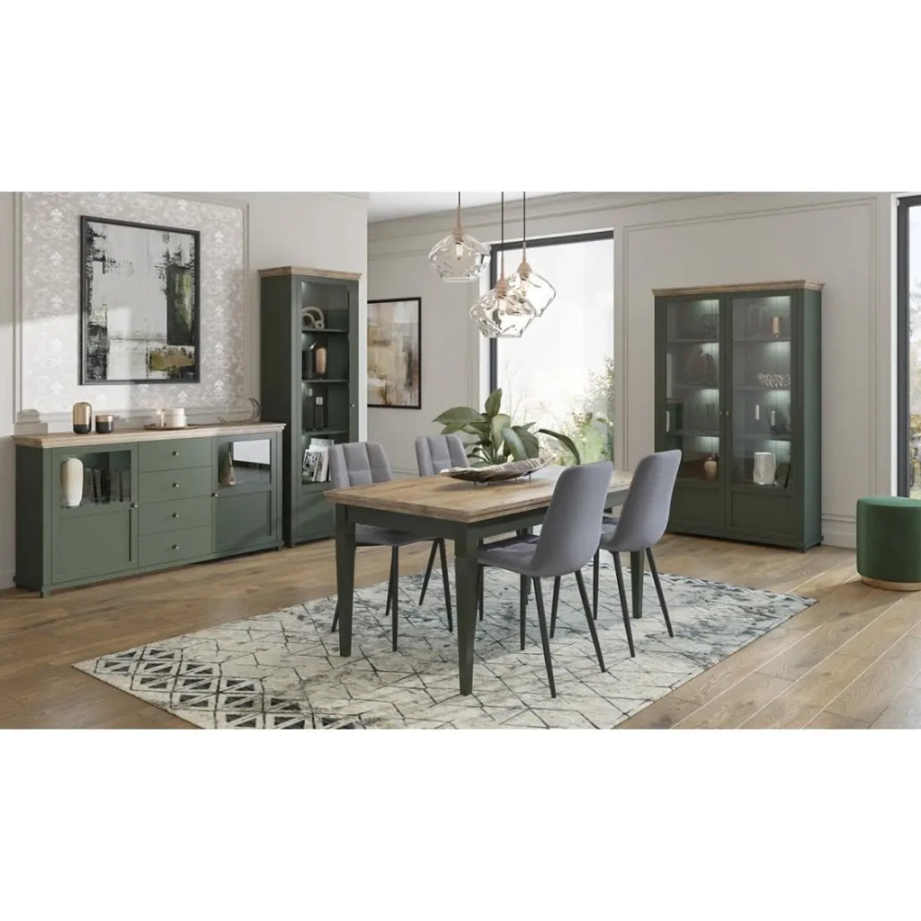 Tavolo estensibile fino a 240cm per sala da pranzo Collezione ASSIA. Colori verde e quercia.