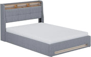 Letto imbottito Christin, Grigio/quercia, con materasso, LED e connessione USB, con rete a doghe e contenitore integrato
