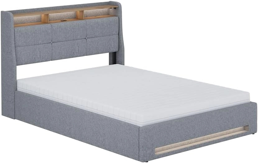 Letto imbottito Christin, Grigio/quercia, con materasso, LED e connessione USB, con rete a doghe e contenitore integrato