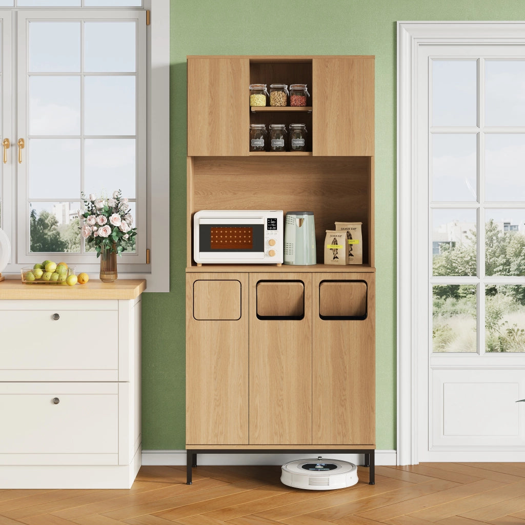 Mobile contenitore da cucina con 3 ante e 3 vani per raccolta differenziata, per cucina, in MDF, naturale, 80 × 35 × 181 cm