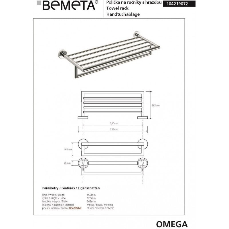 Mensola, mensola con portasciugamani OMEGA ottone cromato 55x12x26,5cm