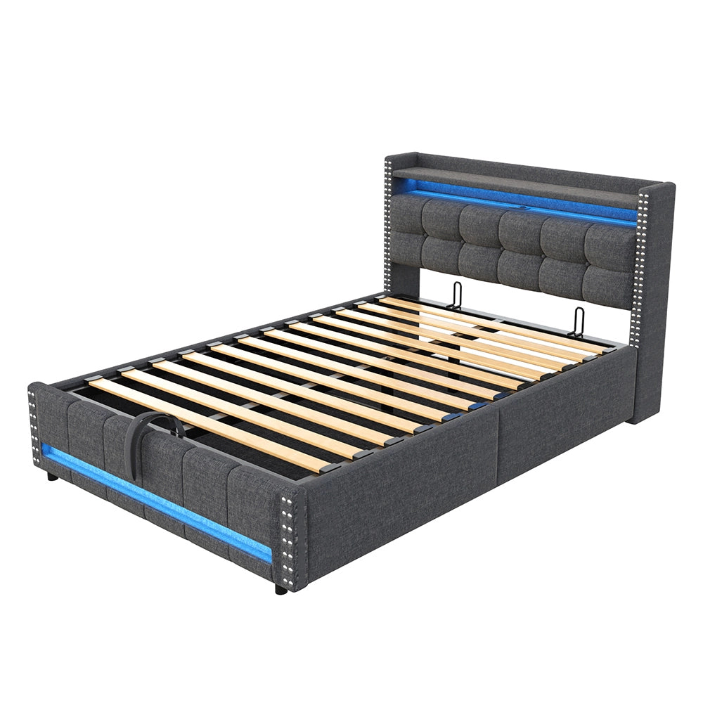Letto imbottito con cassone - Xylo - 140x200cm - Grigio - Illuminazione LED e presa USB