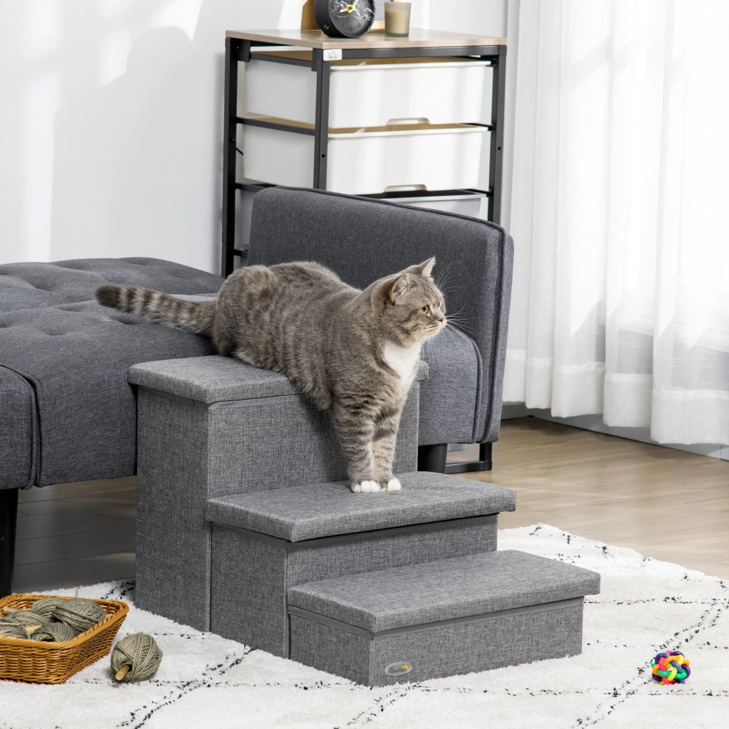 Scala per Cani e Gatti 3 Gradini con Contenitore ¨C zephmum ¨C Grigio 63.5x42.5x40.5 cm