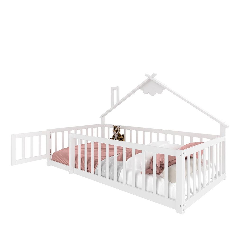 Letto bambino-Xylo-90x190 cm-bordo, barriera con serratura, pino, bianco