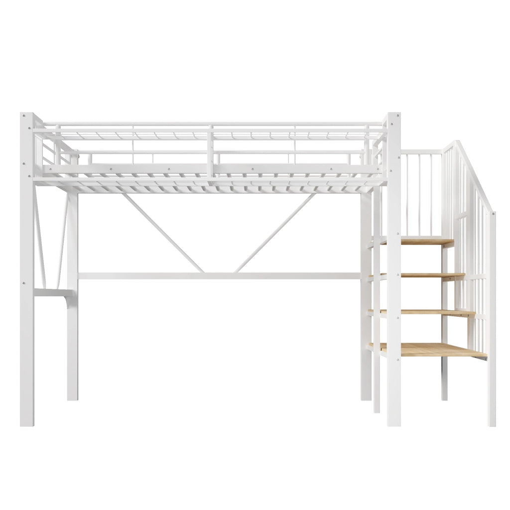 Letto a soppalco 90 x 200 cm, struttura in metallo, ripiano, luce a LED, bianco