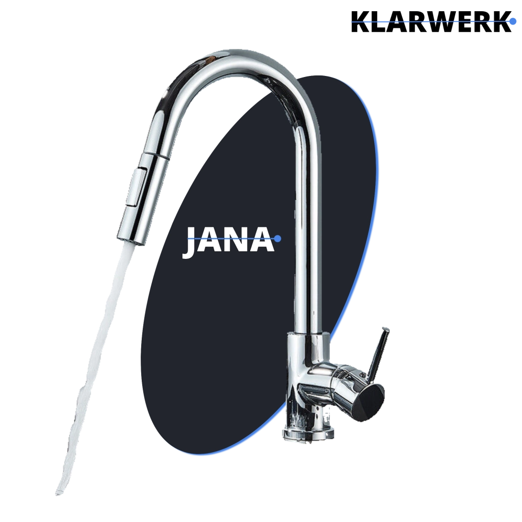JANA | Rubinetto cucina estensibile Premium in acciaio inox cromato | Miscelatore arco alto gastronomia alta pressione ruotabile a 360° 2 attacchi