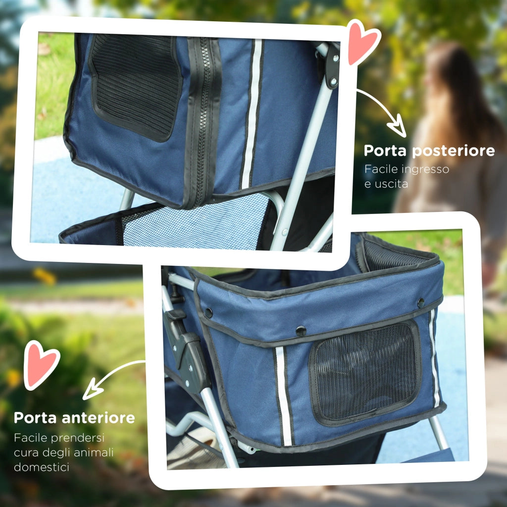 Passeggino per Cani Pieghevole 75x45x97 cm Peso Max 10 kg con Cestino e Portabicchiere Blu Scuro