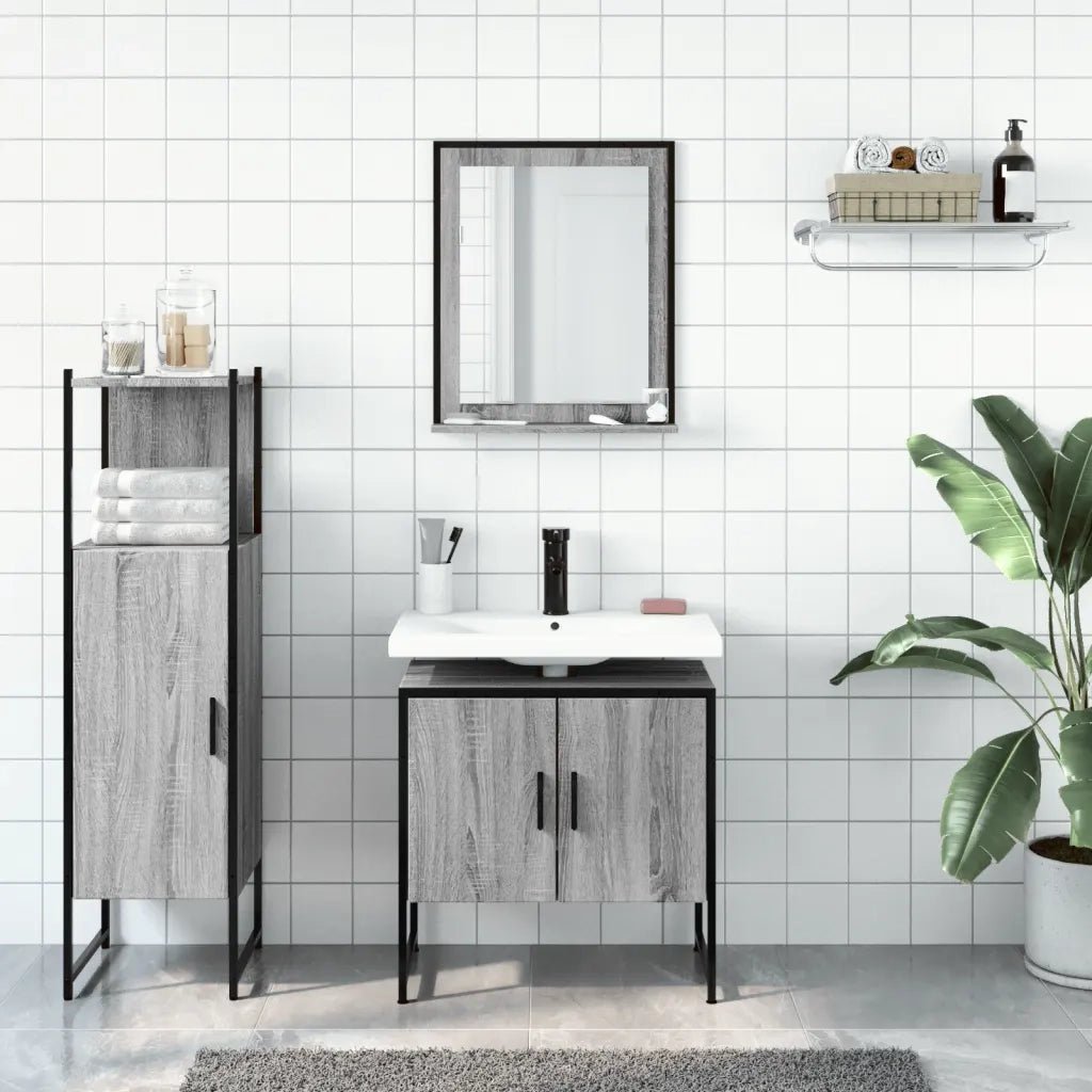 Set Mobili da Bagno | Armadio da bagno 3 pz Grigio Sonoma in Legno Multistrato