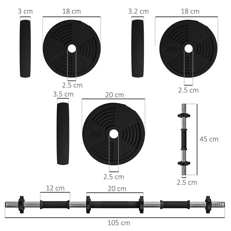 SET 2 IN 1 CON 2 MANUBRI CONVERTIBILI IN BILANCIERE PESO TOTALE 20 KG E DISCHI PESI REGOLABILI NERO