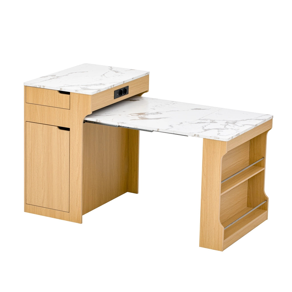 Tavolo da pranzo allungabile con 2 cassetti e vani; prese integrate - per cucina - 55×80×93 cm - naturale