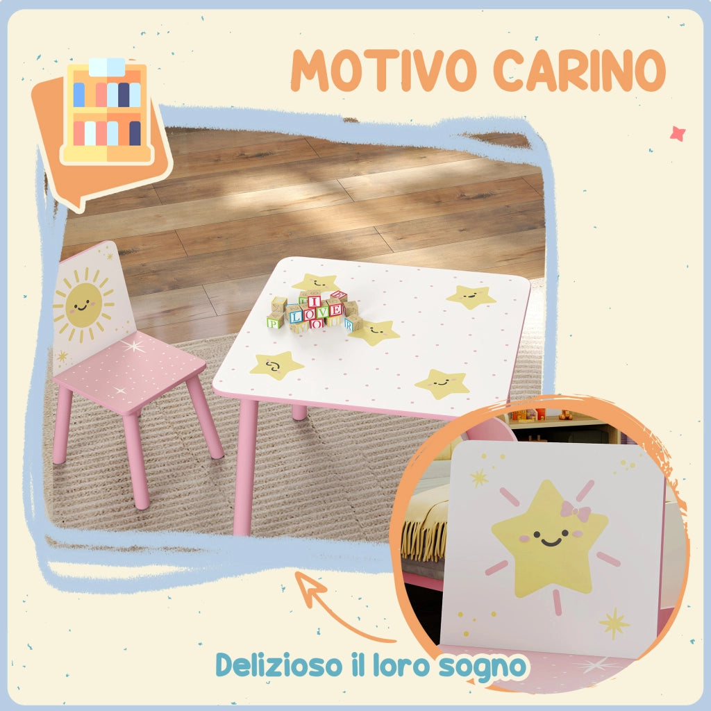 Set Arredo Cameretta con Tavolo e 2 Sedie per Bambini da 3-8 Anni con Fantasia a Stelle. Rosa