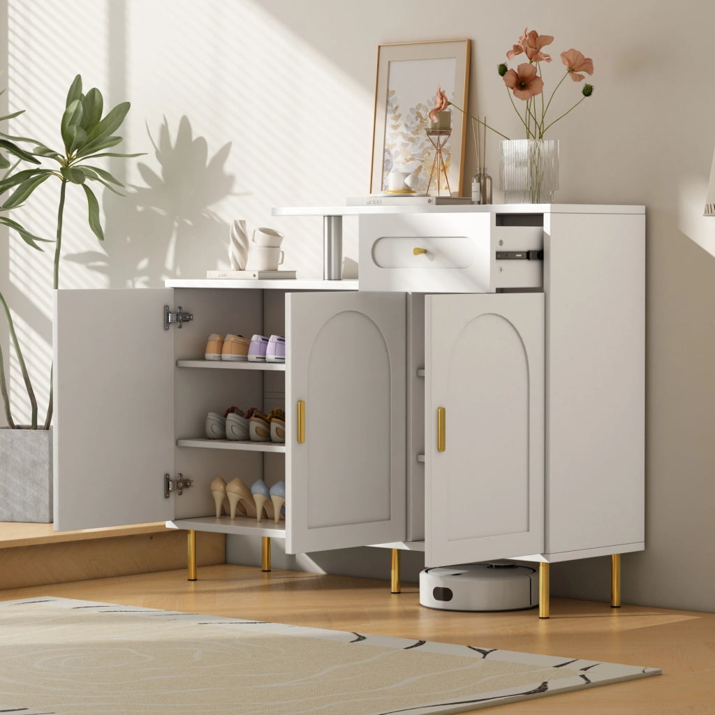 Credenza e madia con 1 cassetto e 3 ante, maniglie in metallo, per soggiorno e ingresso, bianco, 120 × 35 × 92 cm