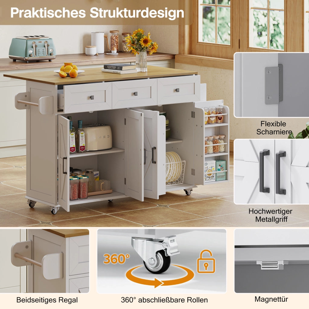 Carrello da Cucina con 4 Ante 3 Cassetti Piano Ribaltabile Portasciugamani e 5 Ruote con Freno; MDF; Bianco Naturale