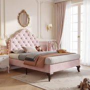 Letto imbottito 90x200 cm in velluto rosa con rete a doghe e testiera regolabile