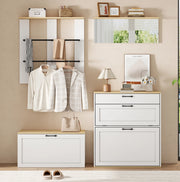 Mobile ingresso modulare 156x36x176 cm con scarpiera; specchio e appendiabiti; bianco e legno