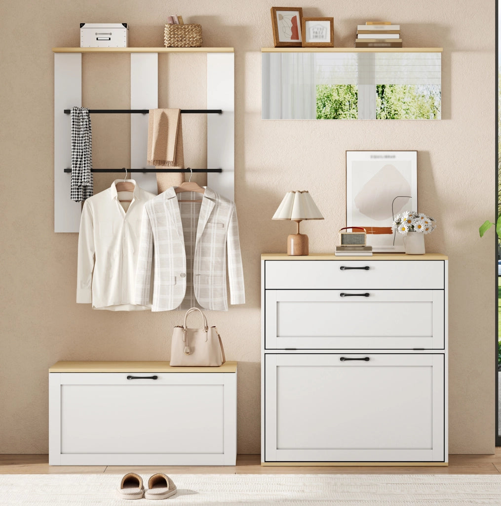 Mobile ingresso modulare 156x36x176 cm con scarpiera; specchio e appendiabiti; bianco e legno