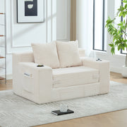 Divano pouf in velluto a coste con 2 cuscini e tasche laterali; 151x133x64 cm; beige