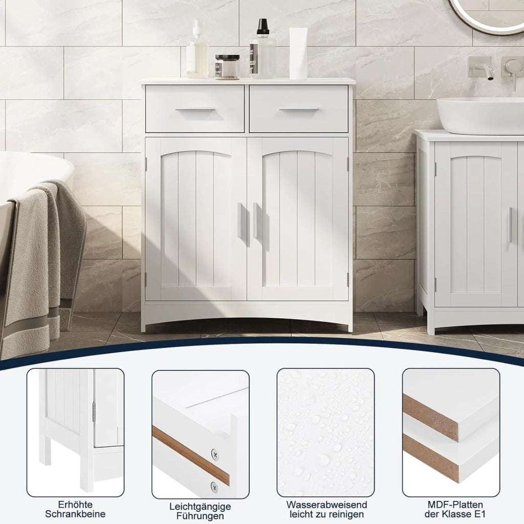 Armadietto da Bagno, Mobile per Bagno Salvaspazio, Mobiletto da Terra con 2 Cassetti e Armadietto a 2 Ante con Ripiano Regolabile, Armadio in Legno, Bianco, 60x30x76 cm
