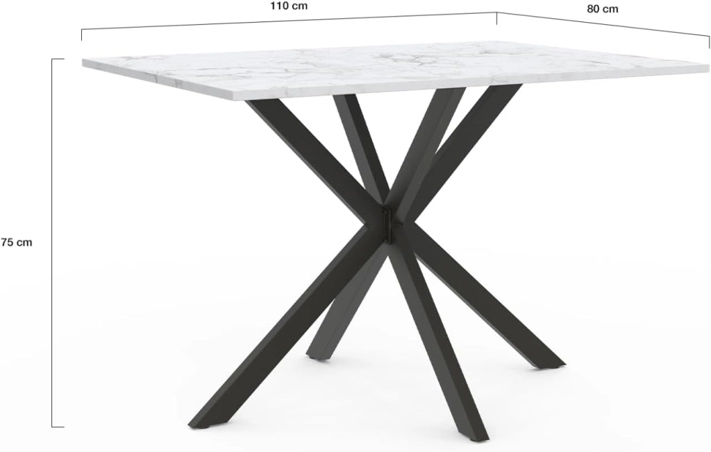 ALASKA Mesa de comedor para 4 personas con efecto mármol blanco y pata de araña de metal 110 cm