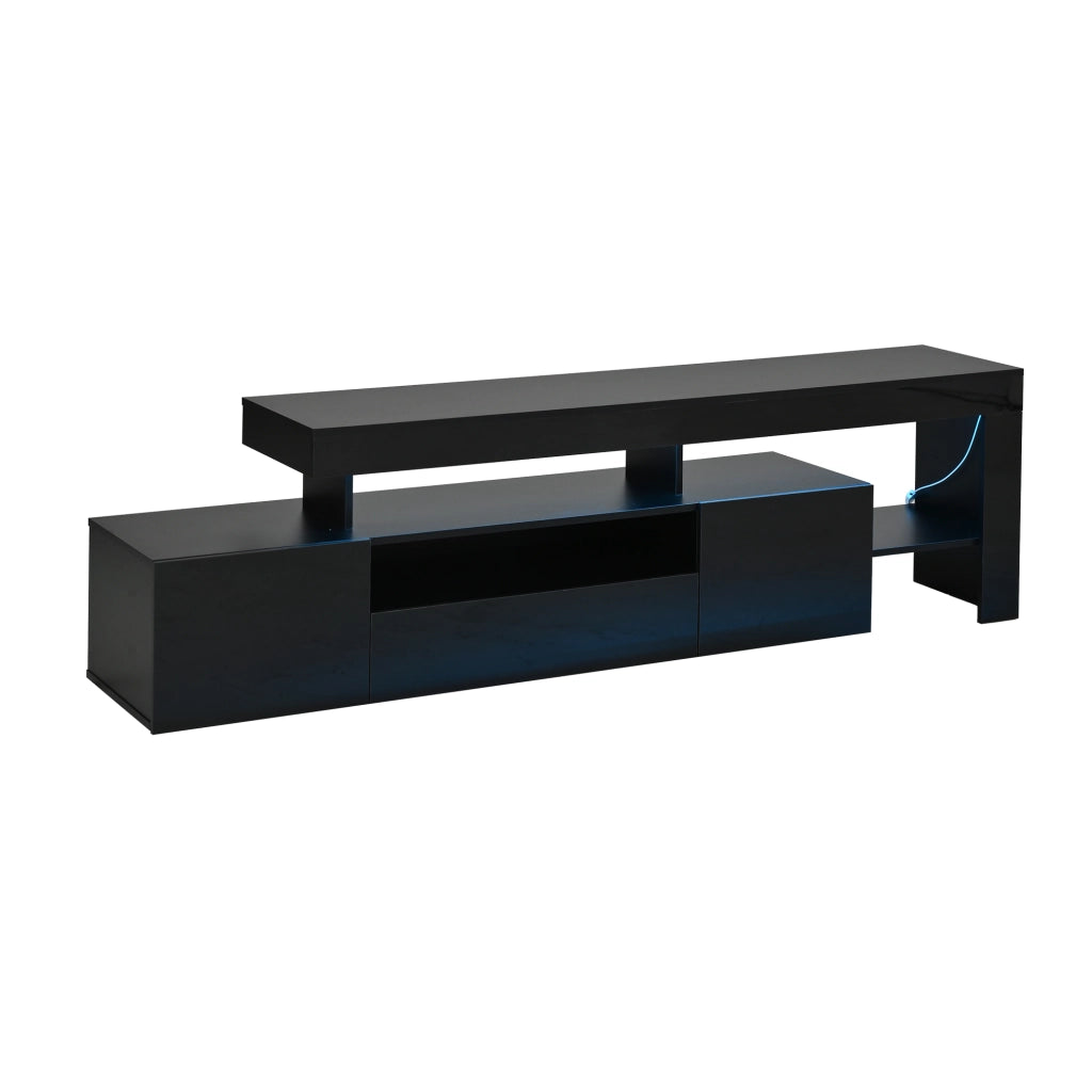 Mobile TV con 3 ante a ribalta; ripiani aperti e LED; per soggiorno; in truciolare nero; 192 × 37 × 53 cm