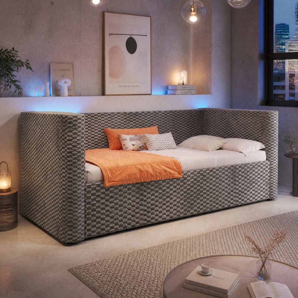 Letto singolo 90x200 cm in velluto grigio con LED