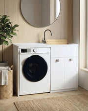 Mobile coprilavatrice Pulsa Sx - Con 2 anta e lavatoio - Contenitore salvaspazio per bagno e lavanderia - Lavatrice non inclusa - Bianco - 124x93x60 cm_