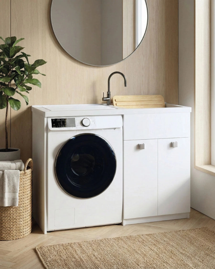 Mobile coprilavatrice Pulsa Sx - Con 2 anta e lavatoio - Contenitore salvaspazio per bagno e lavanderia - Lavatrice non inclusa - Bianco - 124x93x60 cm_