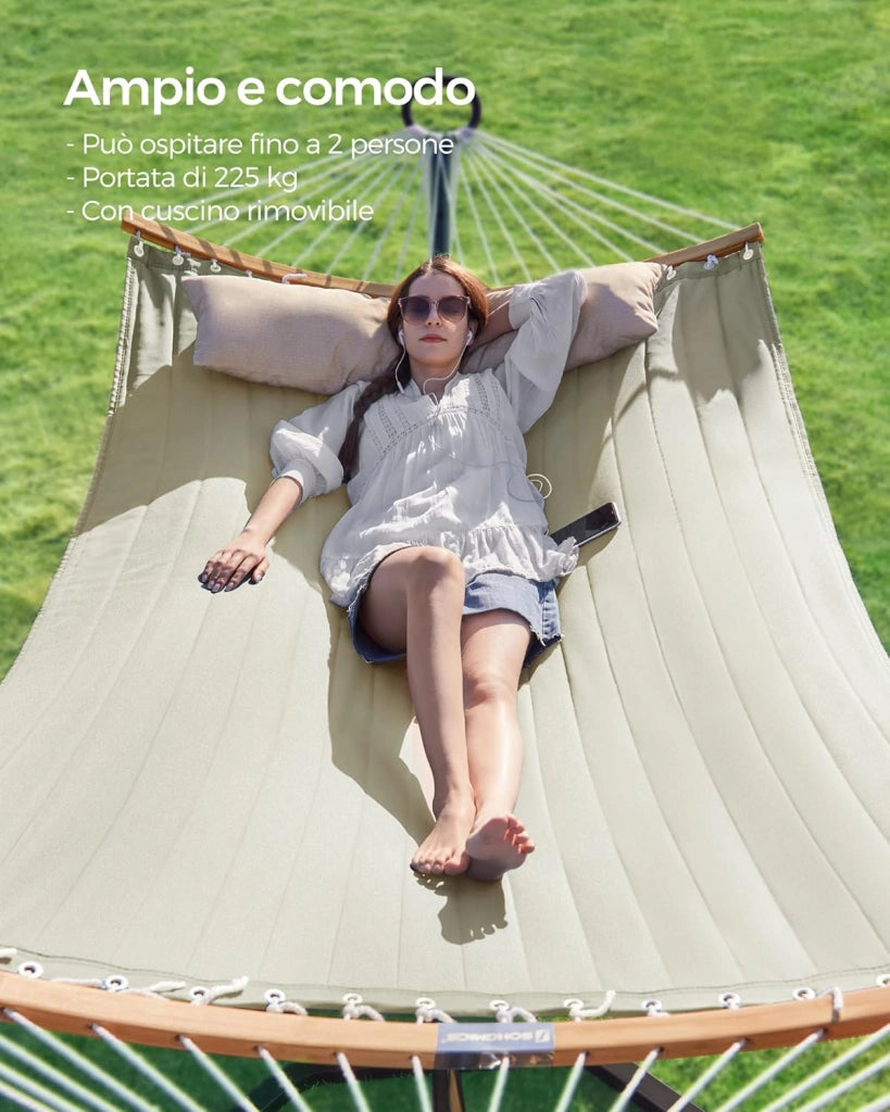 SONGMICS Amaca Doppia Imbottita, Amaca da Campeggio Giardino con Barre Curve in Bambù Separabili, con Cuscino, 200 x 140 cm, Max Portata 225 kg, Crema e Beige GDC34BE
