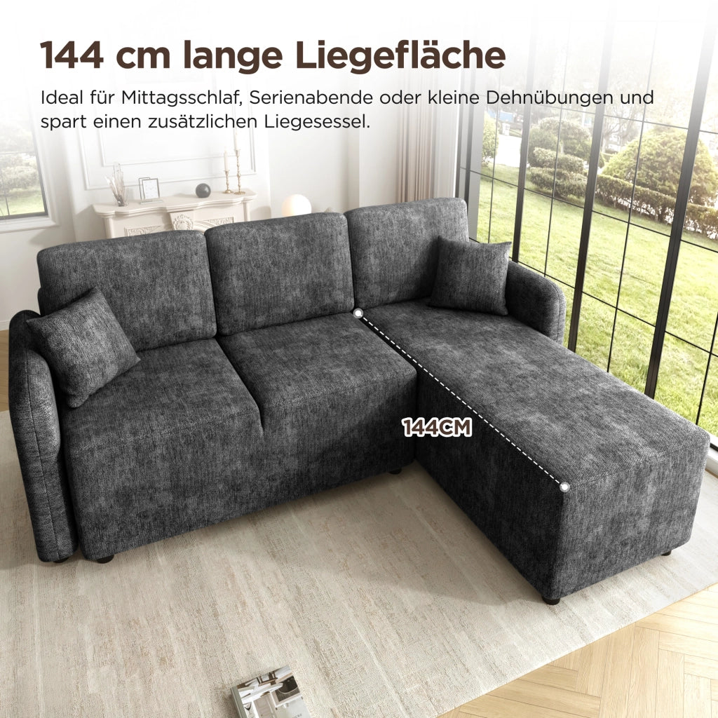 DIVANO 3 POSTI L con zona relax, Chenille nero, 2 cuscini inclusi