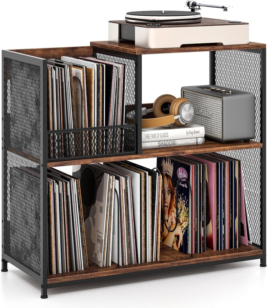 Supporto per Giradischi a 3 Ripiani, Fino a 300 Album, Porta Giradischi Vinili con 3 Separatori Rimovibili e Struttura in Metallo, Mensola di Archiviazione, 83x36x76,5 cm (Marrone)