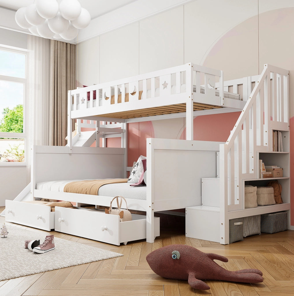 Letto a castello per bambini con scivolo e cassetti, bianco