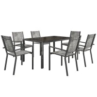 Set da Giardino 7 Pezzi in Acciaio con Tavolo Rettangolare e 6 Sedie Impilabili Traspiranti, Grigio e Nero